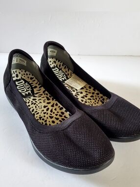 Hey Dude Savannah  Black Knit Women’s Slip-On Flats with Leopard Insole Sz 12